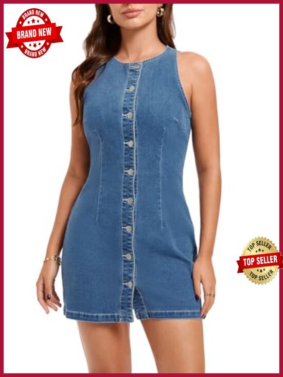 Dresses & Skirts - Women's Sleeveless Denim Mini Dress Stretch Button Front Bodycon